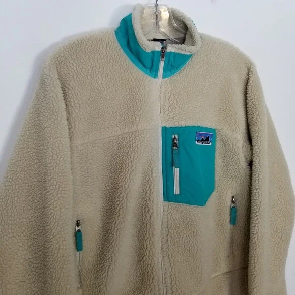 Patagonia Classic Retro-X Fleece Jacket Kids XL 14 Beige Teal Zip up Outdoor